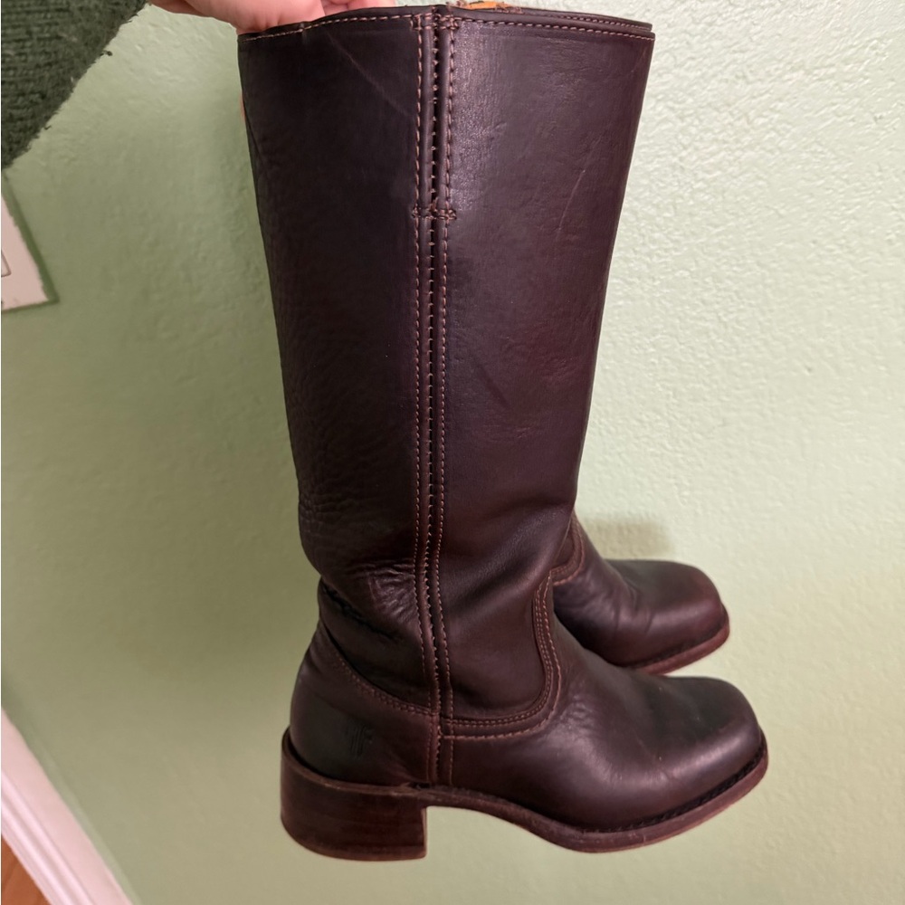Frye Dark Brown Leather Mid-Calf Heeled Boots